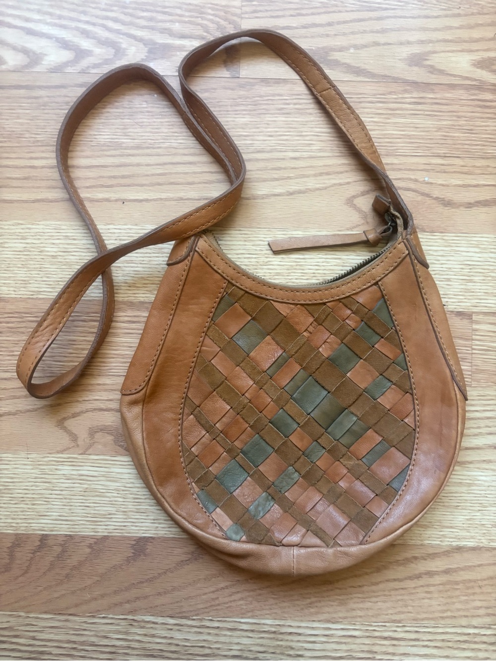 Lucky Brand Woven Tan and Olive Leather Crossbody